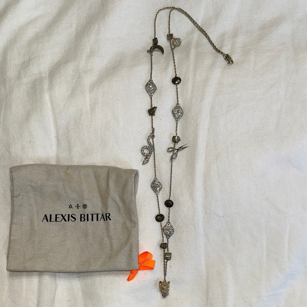 Alexis Bittar Gold and Crystal 38” Necklace with Jaguar, snake, scissors, etc